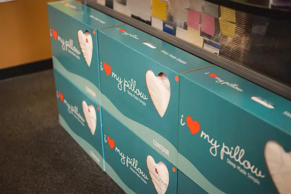 I Love My Pillow boxes on display